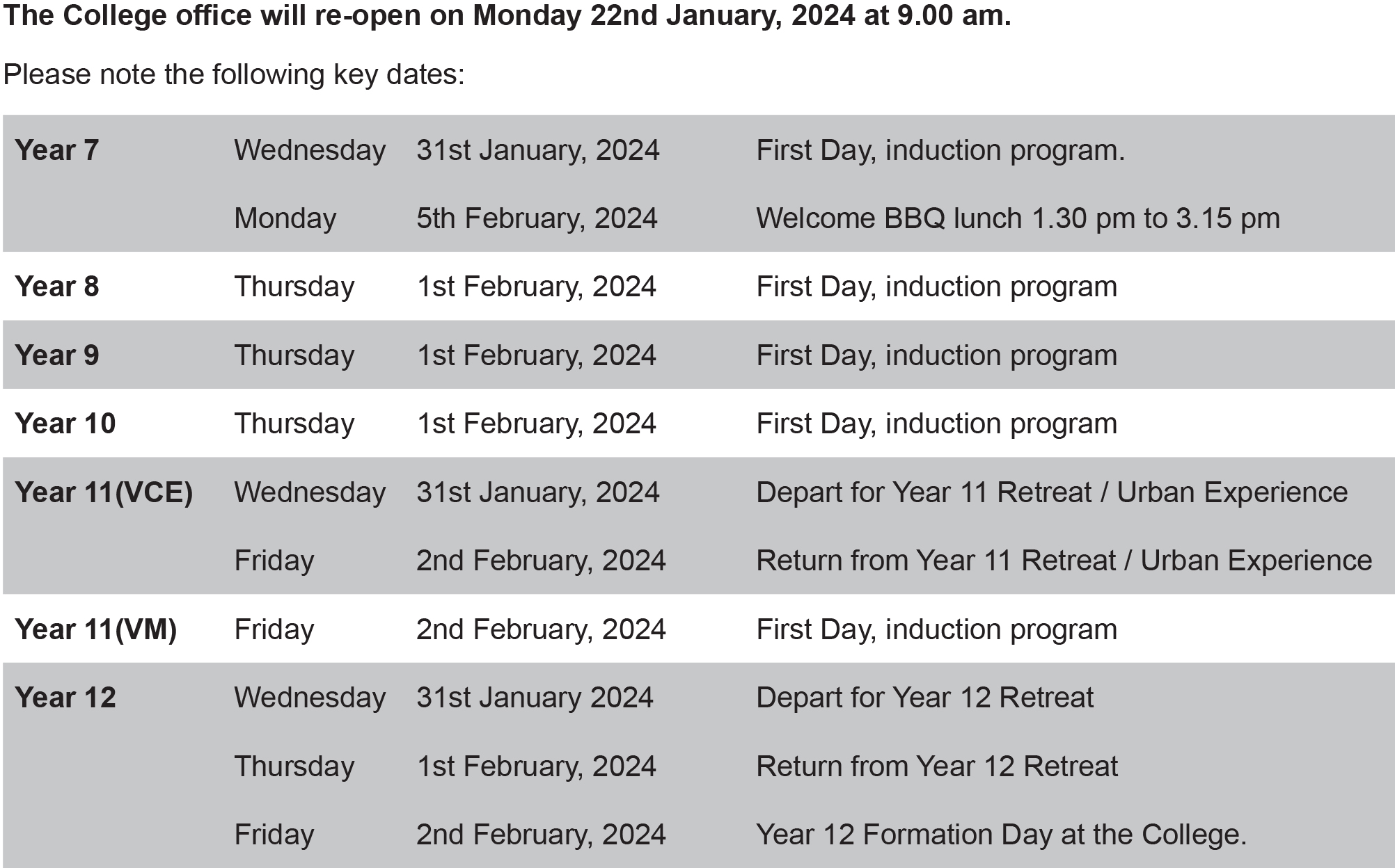 Term Calendars St Mary of the Angels Secondary College, Nathalia