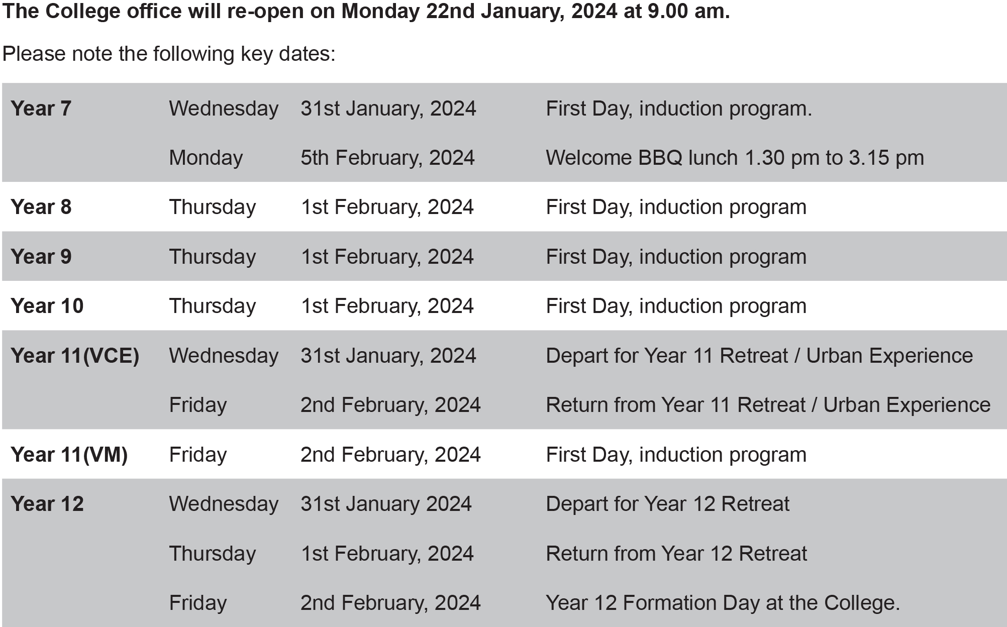 Start dates for 2024